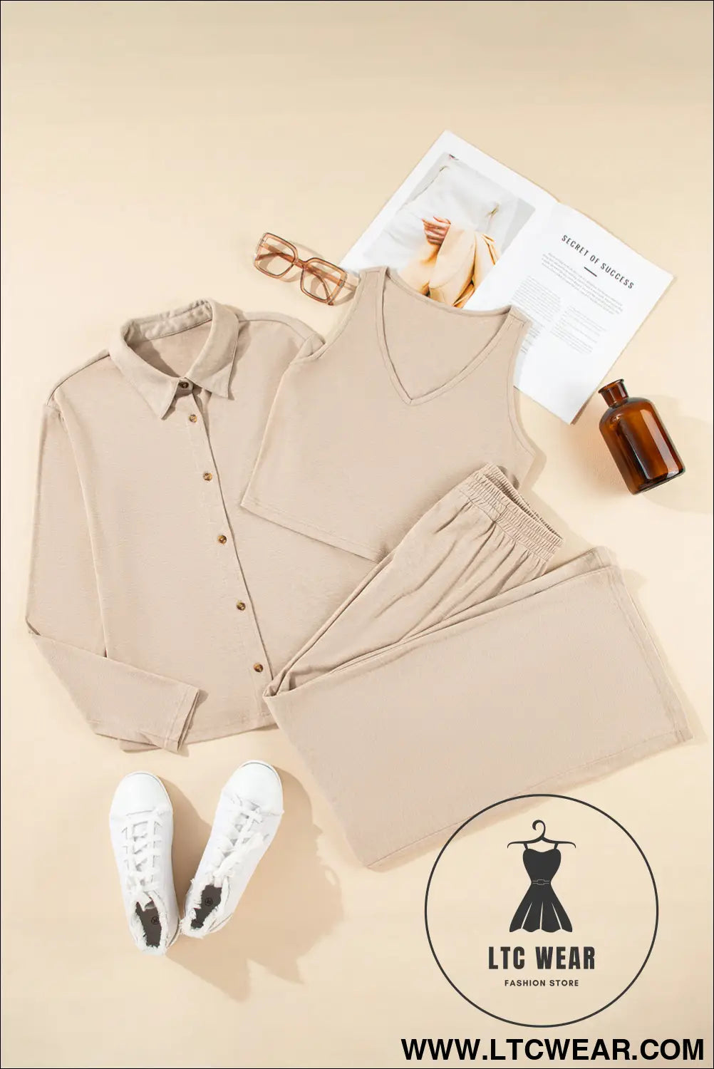 Oatmeal 3-Piece Cozy Knit Lounge Set - L.T.C Wear Online Fashion Store