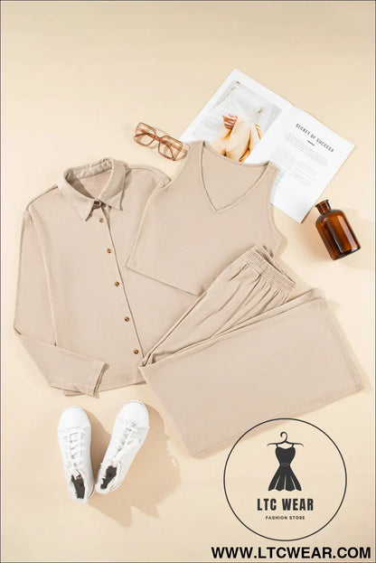 Oatmeal 3-Piece Cozy Knit Lounge Set - L.T.C Wear Online Fashion Store