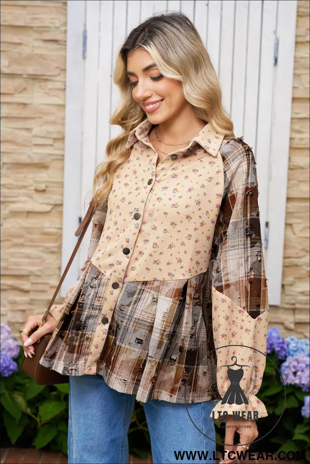 Oatmeal boho floral plaid patchwork waffle knit distressed jacket - jackets
