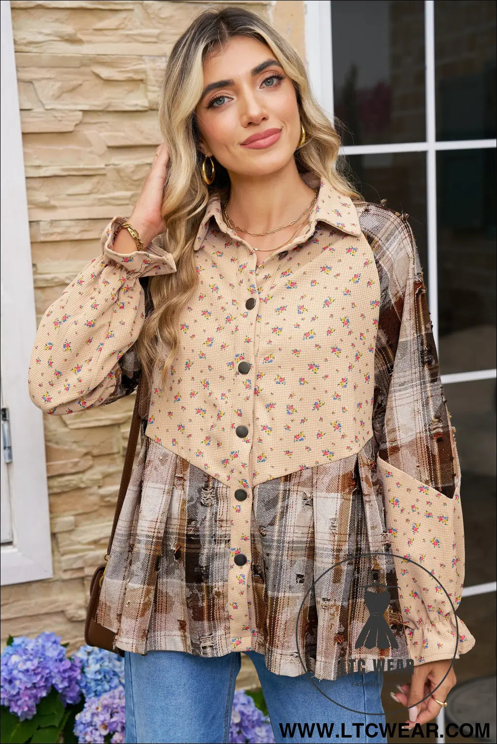 Oatmeal boho floral plaid patchwork waffle knit distressed jacket - jackets