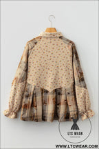 Oatmeal boho floral plaid patchwork waffle knit distressed jacket - jackets