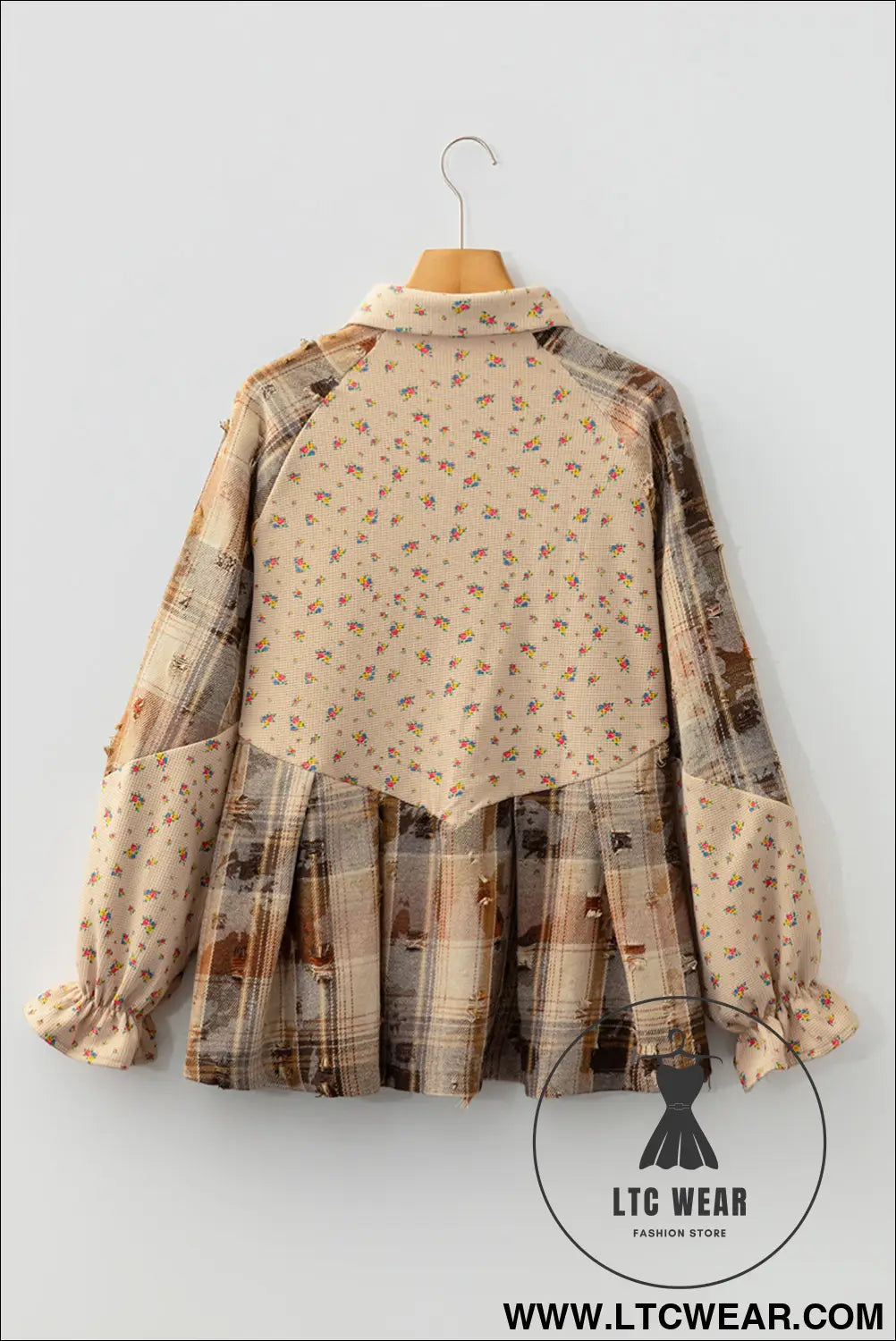 Oatmeal boho floral plaid patchwork waffle knit distressed jacket - jackets