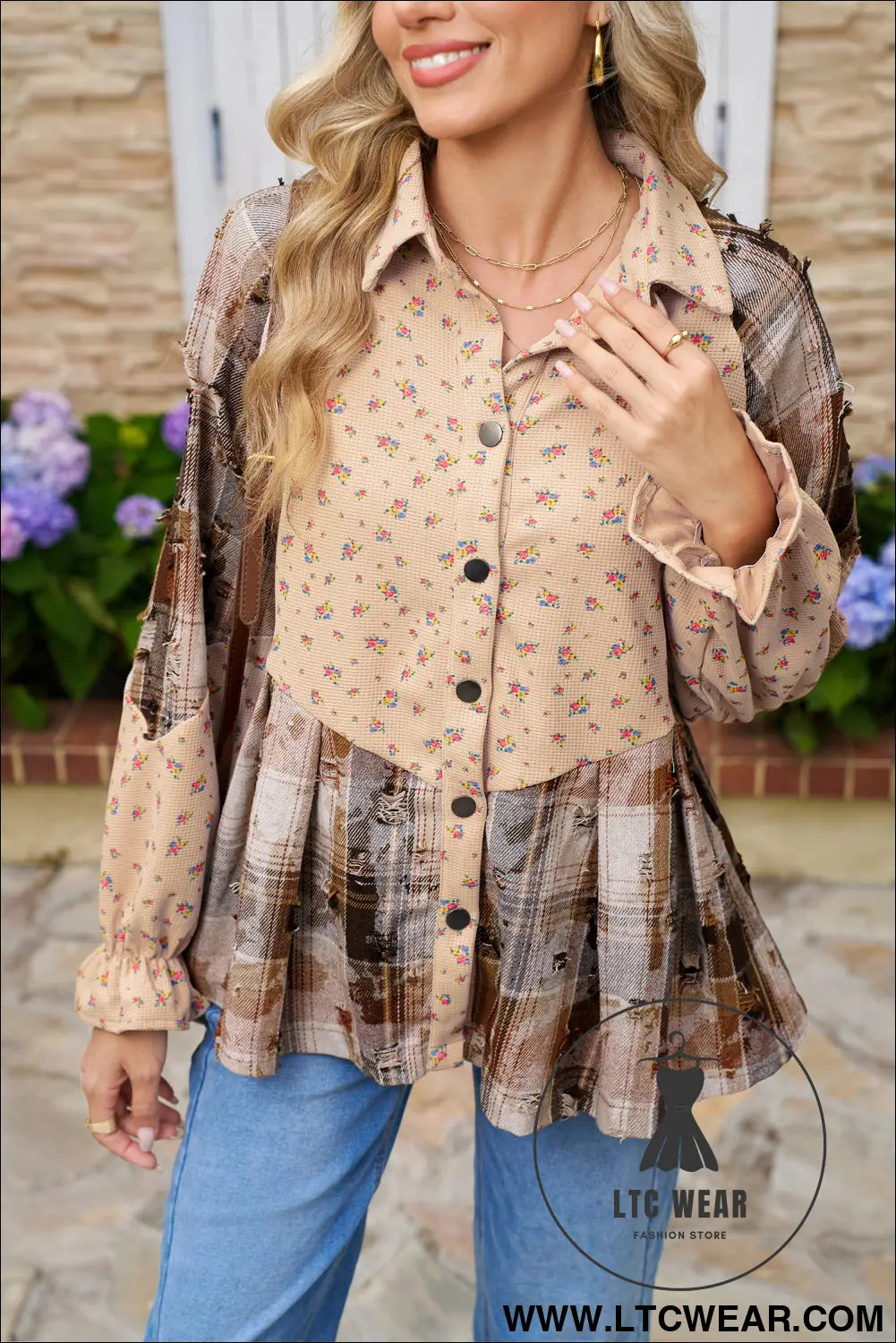 Oatmeal boho floral plaid patchwork waffle knit distressed jacket - jackets
