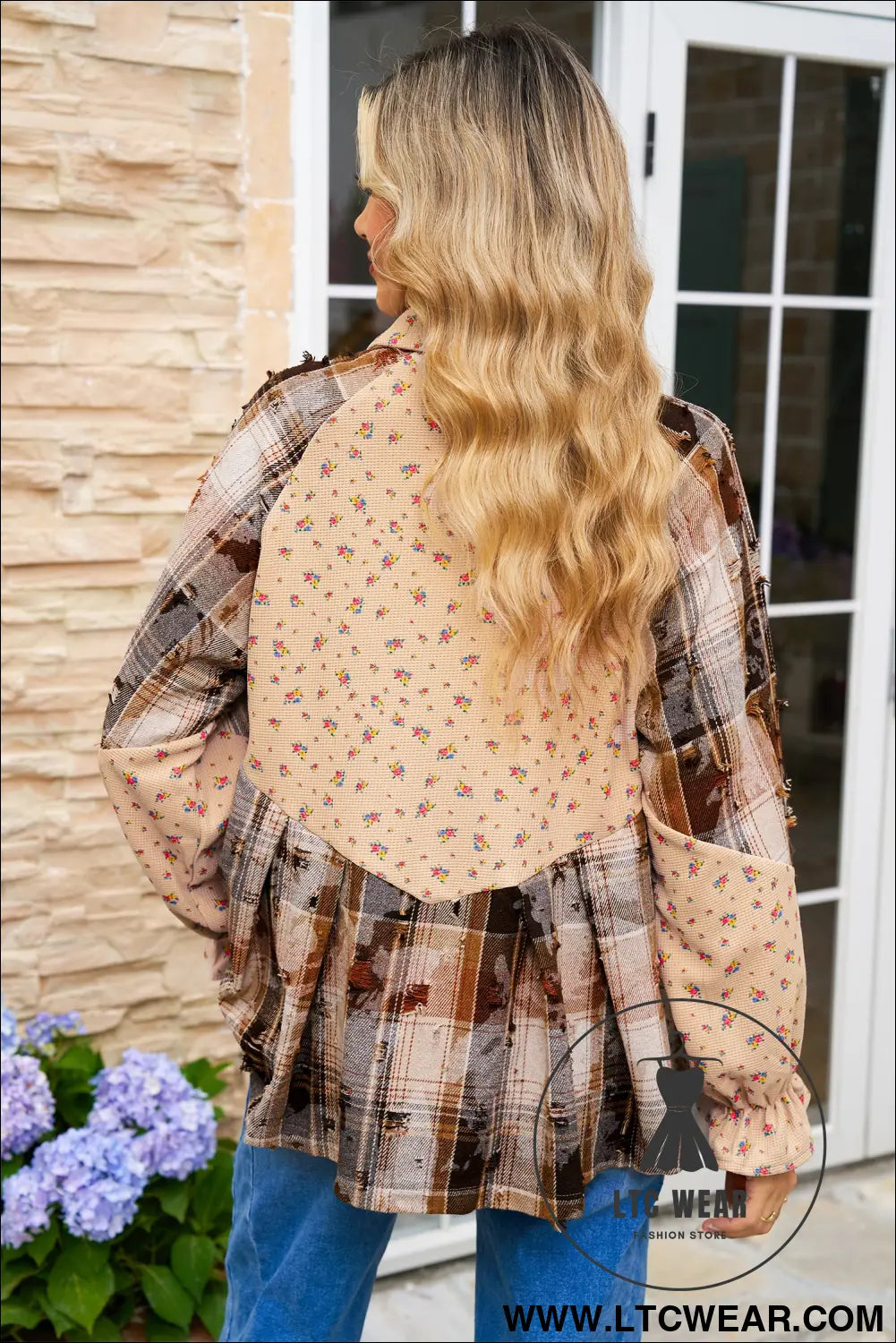 Oatmeal boho floral plaid patchwork waffle knit distressed jacket - jackets