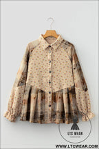 Oatmeal boho floral plaid patchwork waffle knit distressed jacket - jackets