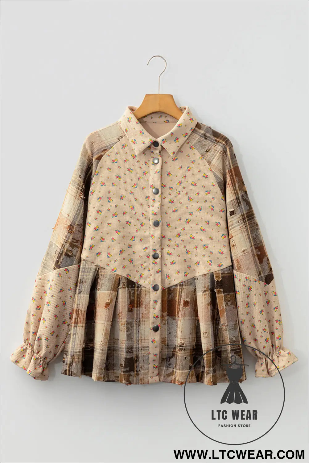 Oatmeal boho floral plaid patchwork waffle knit distressed jacket - jackets