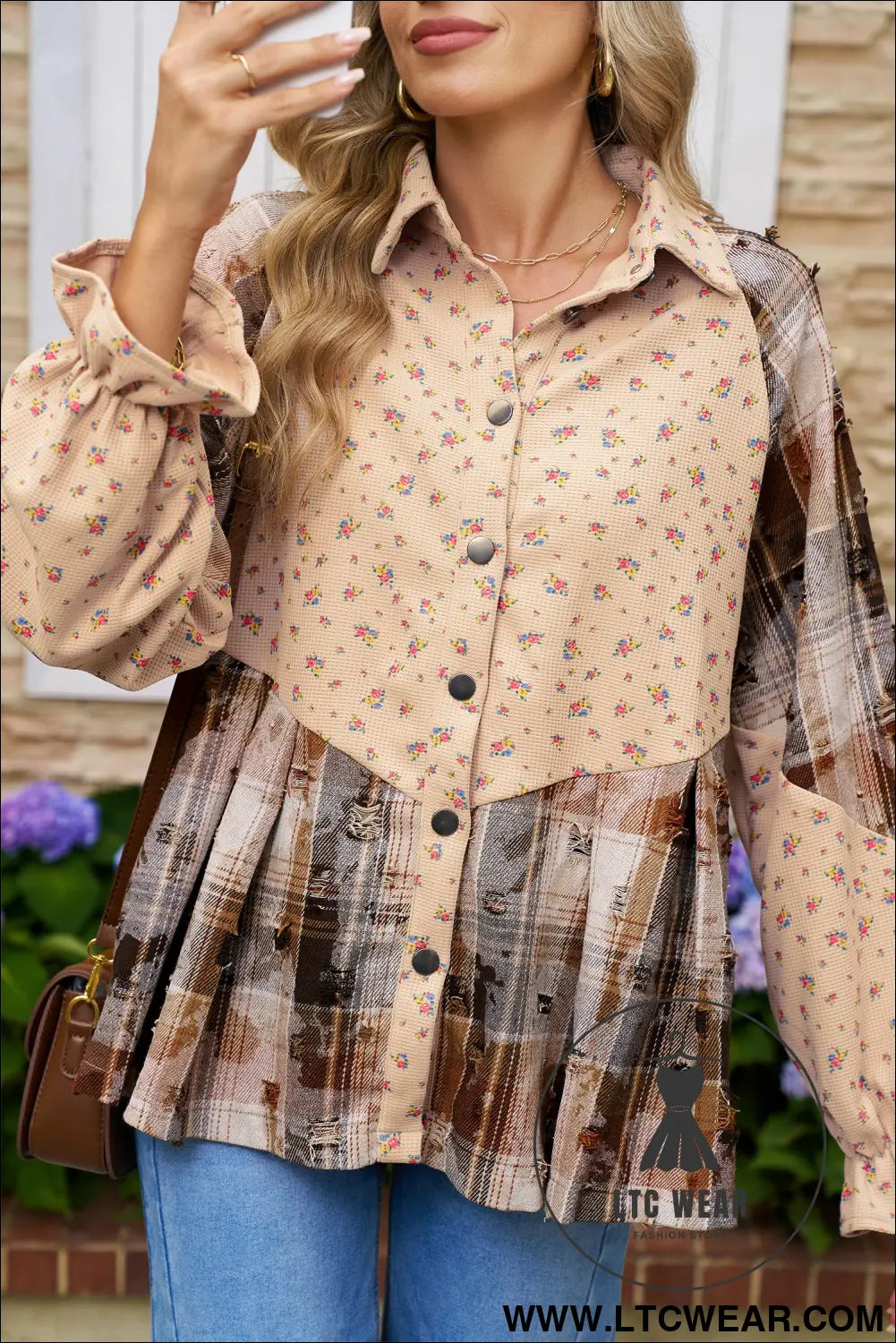 Oatmeal boho floral plaid patchwork waffle knit distressed jacket - jackets