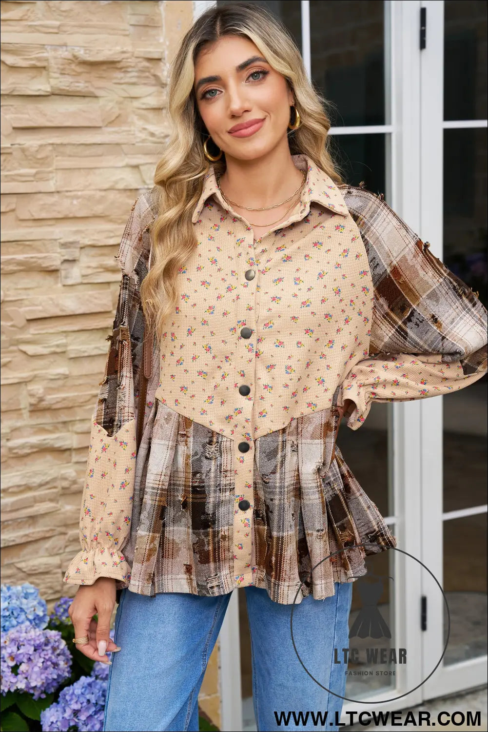 Oatmeal boho floral plaid patchwork waffle knit distressed jacket - oatmeal / l / 100% polyester - jackets