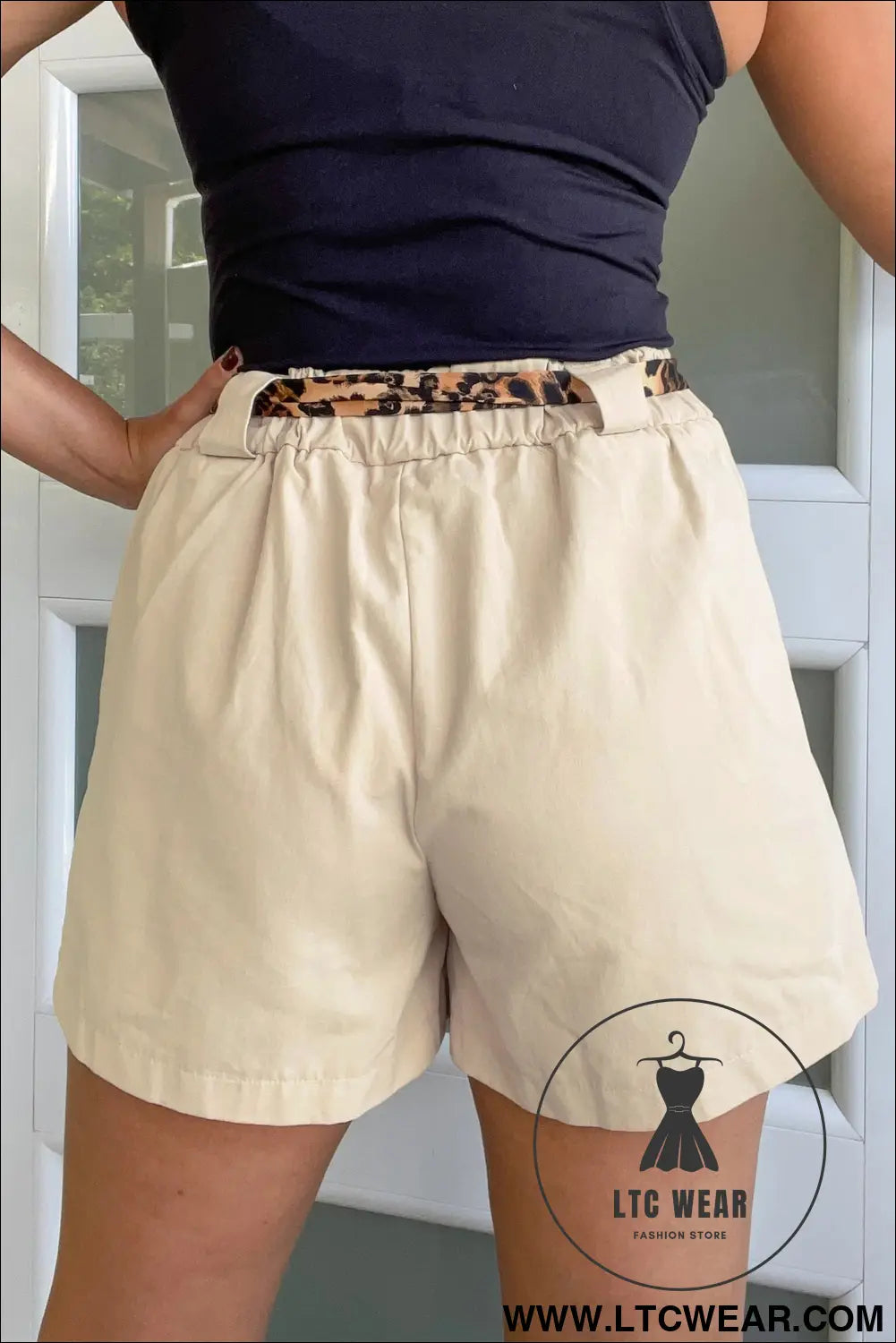 Oatmeal leopard contrast sash belt pleated wide leg shorts - casual shorts