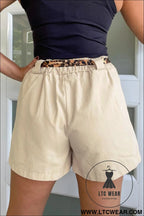 Oatmeal leopard contrast sash belt pleated wide leg shorts - casual shorts