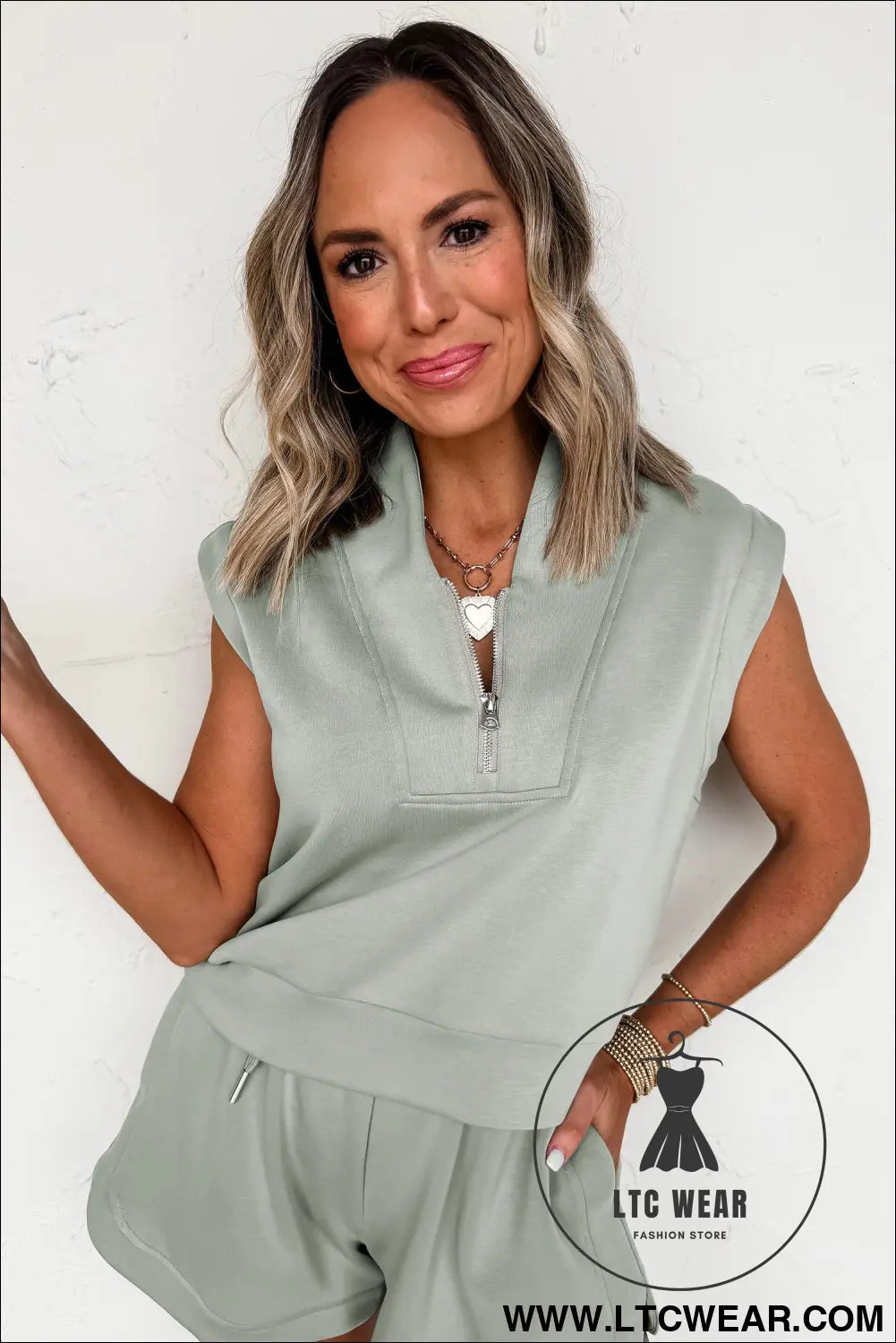 Oatmeal Quarter Zip Sleeveless Top Drawstring Shorts Casual 2pcs Outfit - L.T.C Wear Online Fashion Store