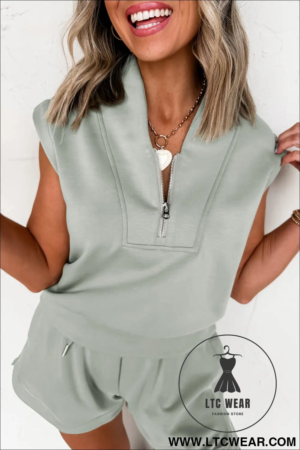 Oatmeal Quarter Zip Sleeveless Top Drawstring Shorts Casual 2pcs Outfit - L.T.C Wear Online Fashion Store