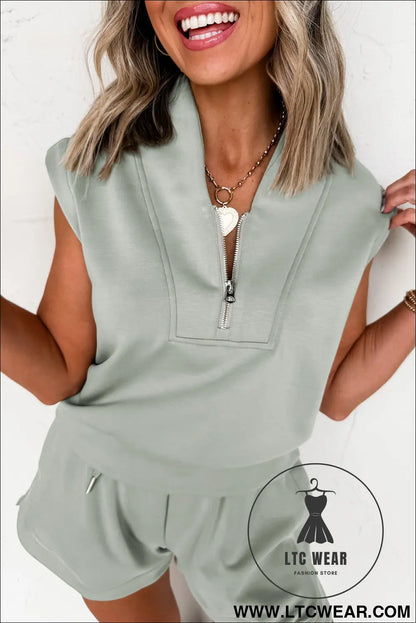 Oatmeal Quarter Zip Sleeveless Top Drawstring Shorts Casual 2pcs Outfit - L.T.C Wear Online Fashion Store