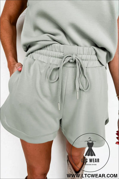 Oatmeal Quarter Zip Sleeveless Top Drawstring Shorts Casual 2pcs Outfit - L.T.C Wear Online Fashion Store
