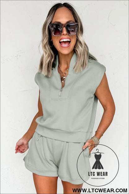 Oatmeal Quarter Zip Sleeveless Top Drawstring Shorts Casual 2pcs Outfit - L.T.C Wear Online Fashion Store