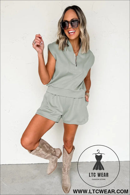 Oatmeal Quarter Zip Sleeveless Top Drawstring Shorts Casual 2pcs Outfit - L.T.C Wear Online Fashion Store