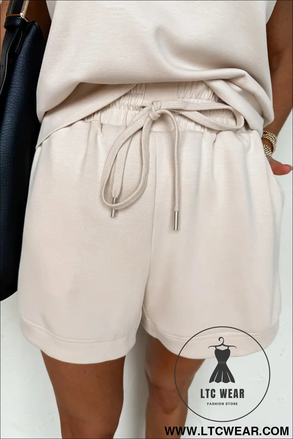 Oatmeal Quarter Zip Sleeveless Top Drawstring Shorts Casual 2pcs Outfit - L.T.C Wear Online Fashion Store