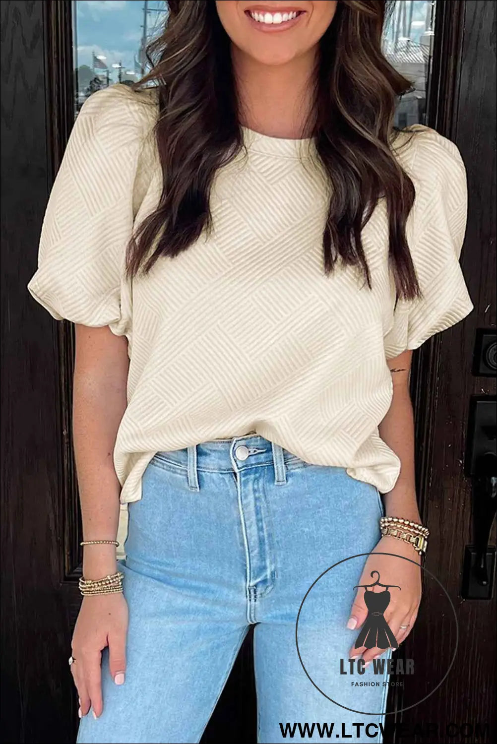 Oatmeal Solid Color Textured Puff Sleeve T-shirt