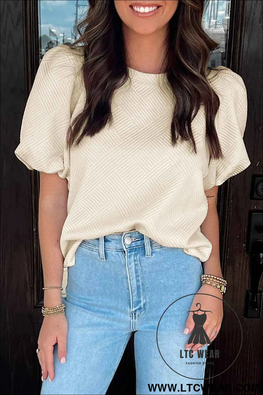 Oatmeal Solid Color Textured Puff Sleeve T-shirt