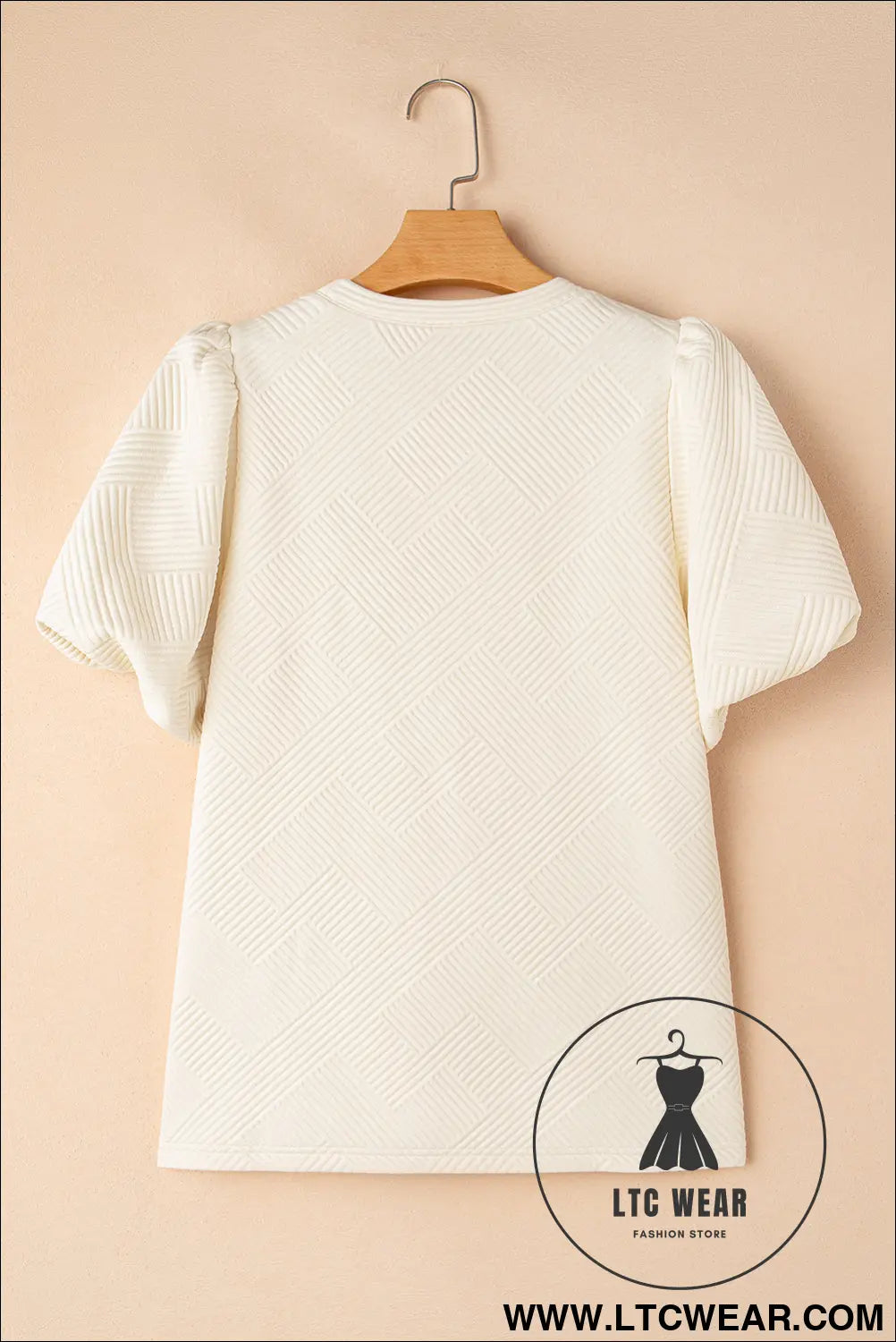 Oatmeal Solid Color Textured Puff Sleeve T-shirt - L.T.C Wear Online Fashion Store