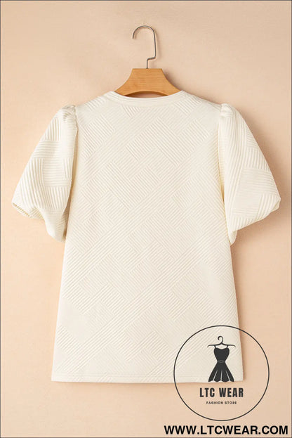 Oatmeal Solid Color Textured Puff Sleeve T-shirt - L.T.C Wear Online Fashion Store
