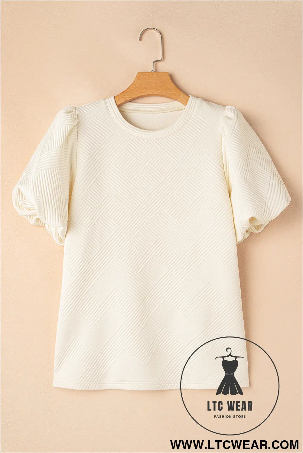 Oatmeal Solid Color Textured Puff Sleeve T-shirt - L.T.C Wear Online Fashion Store