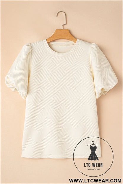 Oatmeal Solid Color Textured Puff Sleeve T-shirt - L.T.C Wear Online Fashion Store