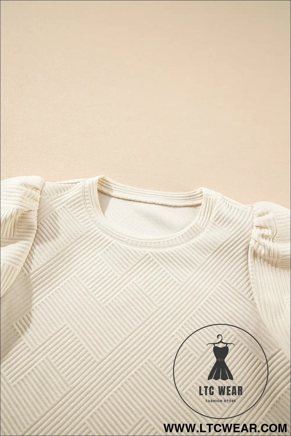 Oatmeal Solid Color Textured Puff Sleeve T-shirt - L.T.C Wear Online Fashion Store