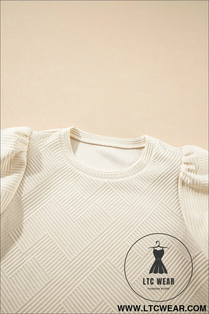 Oatmeal Solid Color Textured Puff Sleeve T-shirt - L.T.C Wear Online Fashion Store