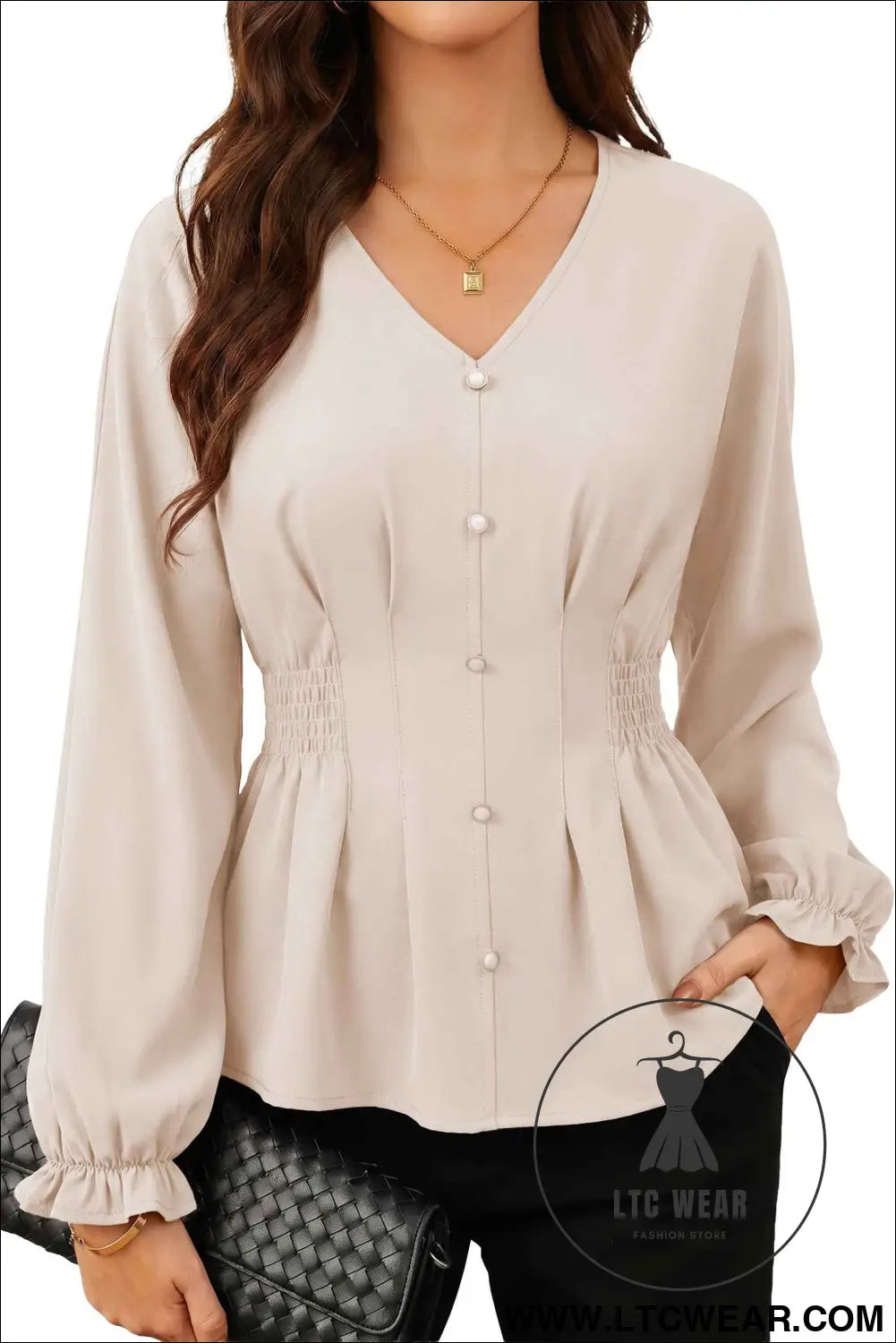 Oatmeal V Neck Long Sleeve Smocked Waist Shift Top Pullover