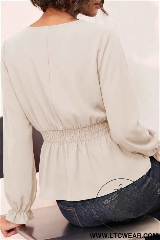 Oatmeal V Neck Long Sleeve Smocked Waist Shift Top Pullover