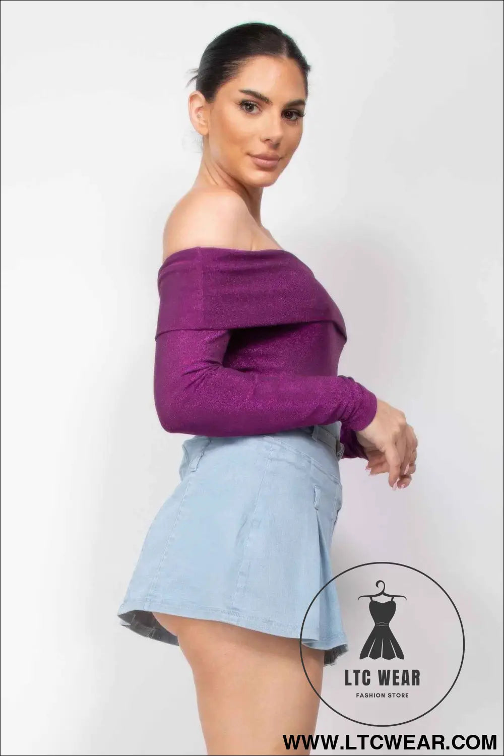 Off-shoulder Glittery Long Sleeve Bodysuit