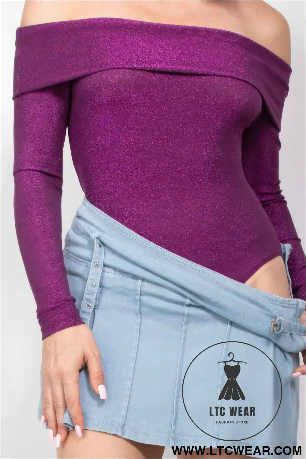 Off-shoulder Glittery Long Sleeve Bodysuit