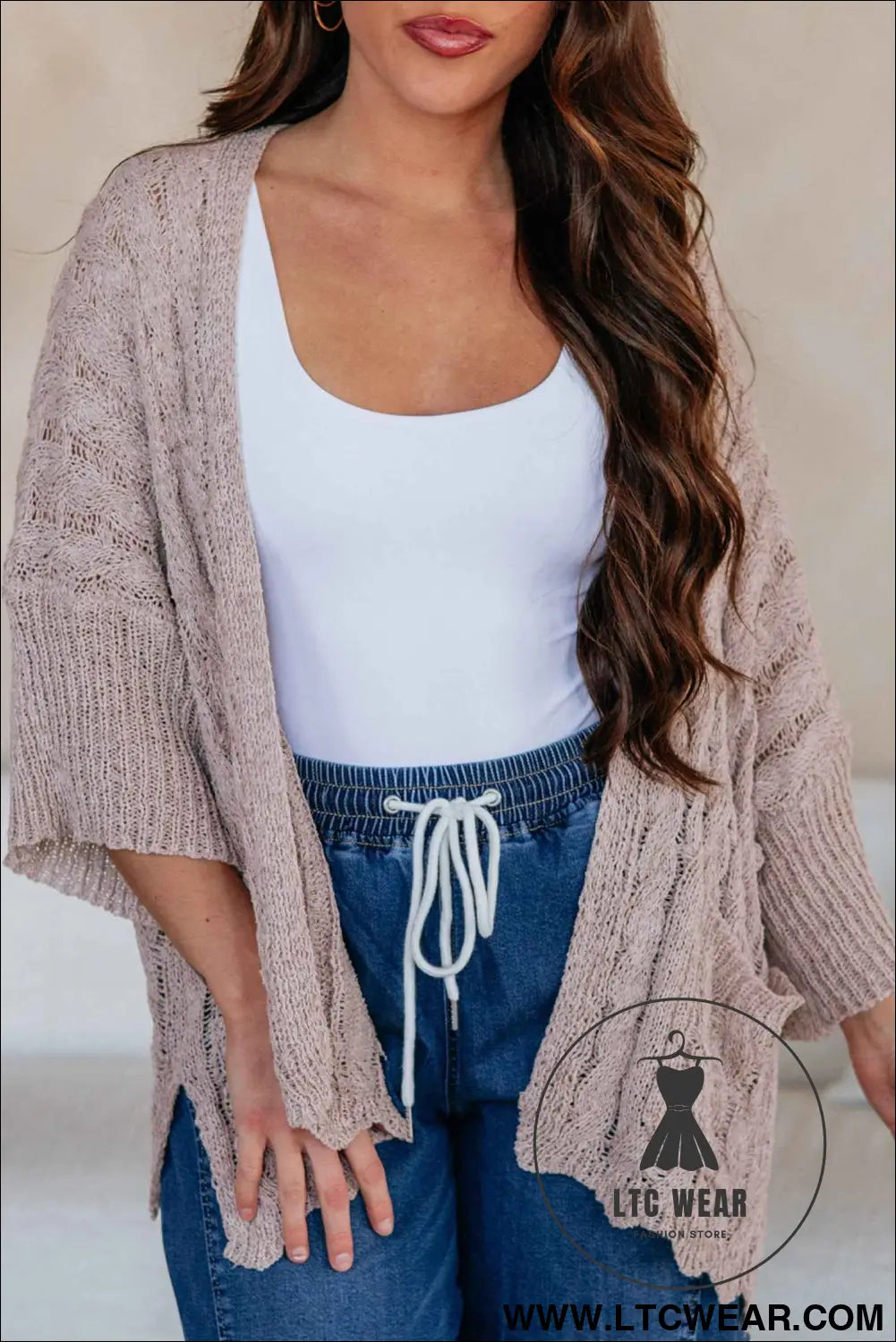 Old Rose Hollowed Pattern Knit Drop Shoulder Open Sweater Cardigan