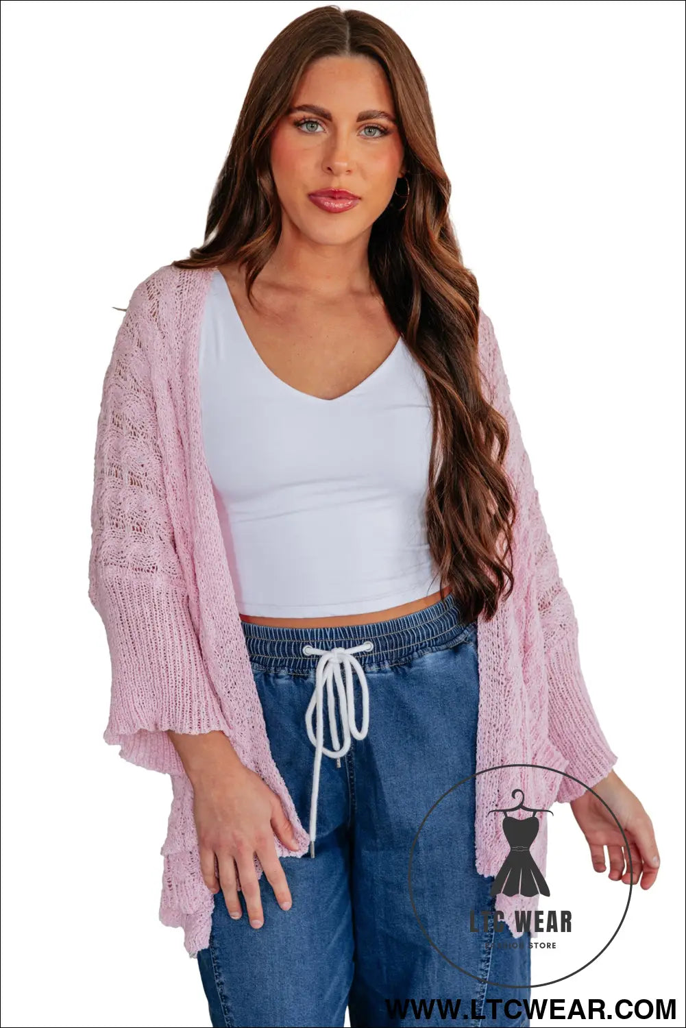 Old Rose Hollowed Pattern Knit Drop Shoulder Open Sweater Cardigan - L.T.C Wear Online Fashion Store