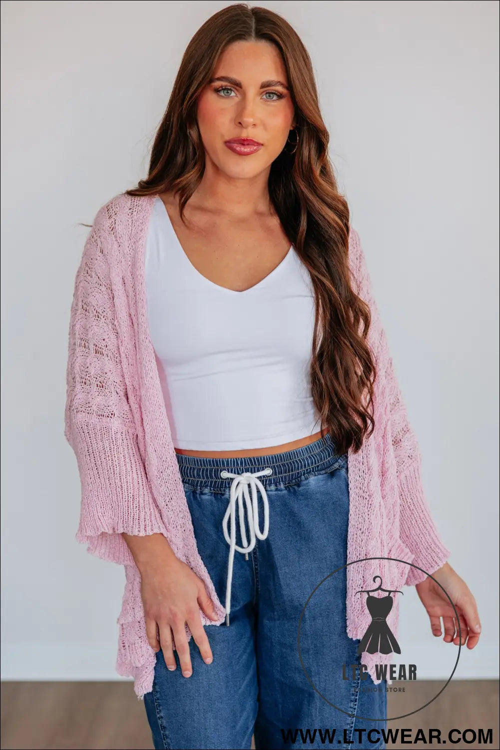 Old Rose Hollowed Pattern Knit Drop Shoulder Open Sweater Cardigan - L.T.C Wear Online Fashion Store