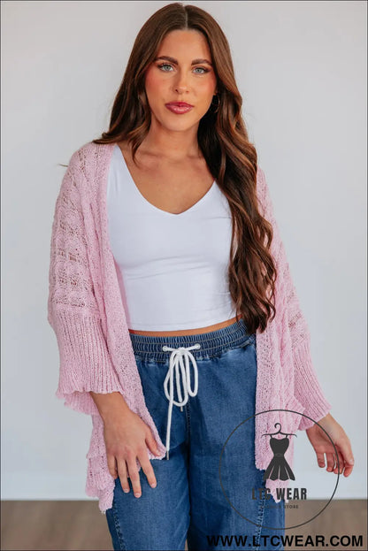 Old Rose Hollowed Pattern Knit Drop Shoulder Open Sweater Cardigan - L.T.C Wear Online Fashion Store