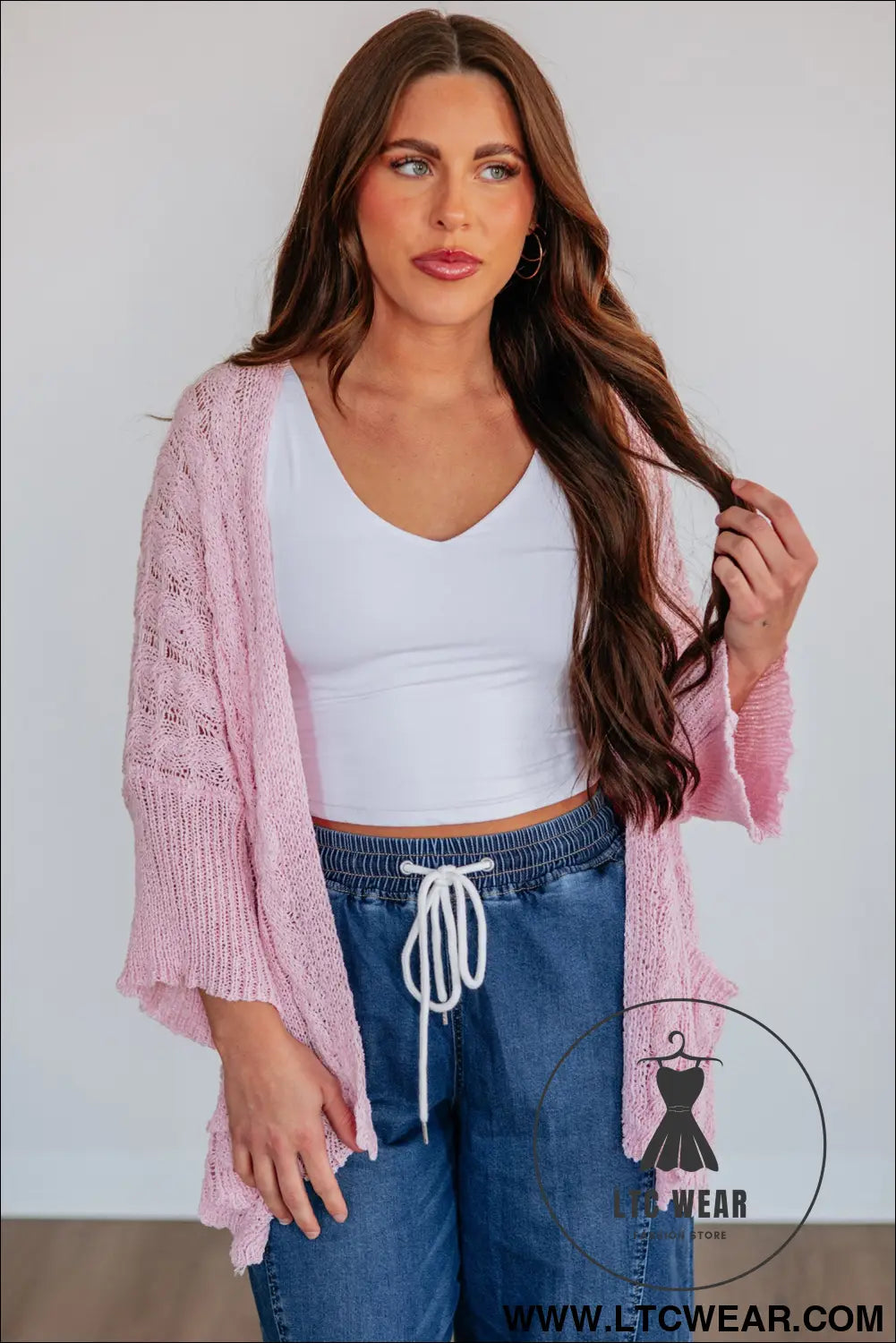 Old Rose Hollowed Pattern Knit Drop Shoulder Open Sweater Cardigan - L.T.C Wear Online Fashion Store