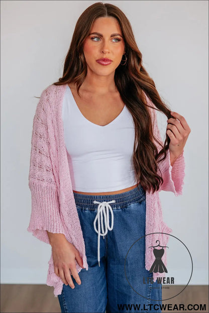 Old Rose Hollowed Pattern Knit Drop Shoulder Open Sweater Cardigan - L.T.C Wear Online Fashion Store