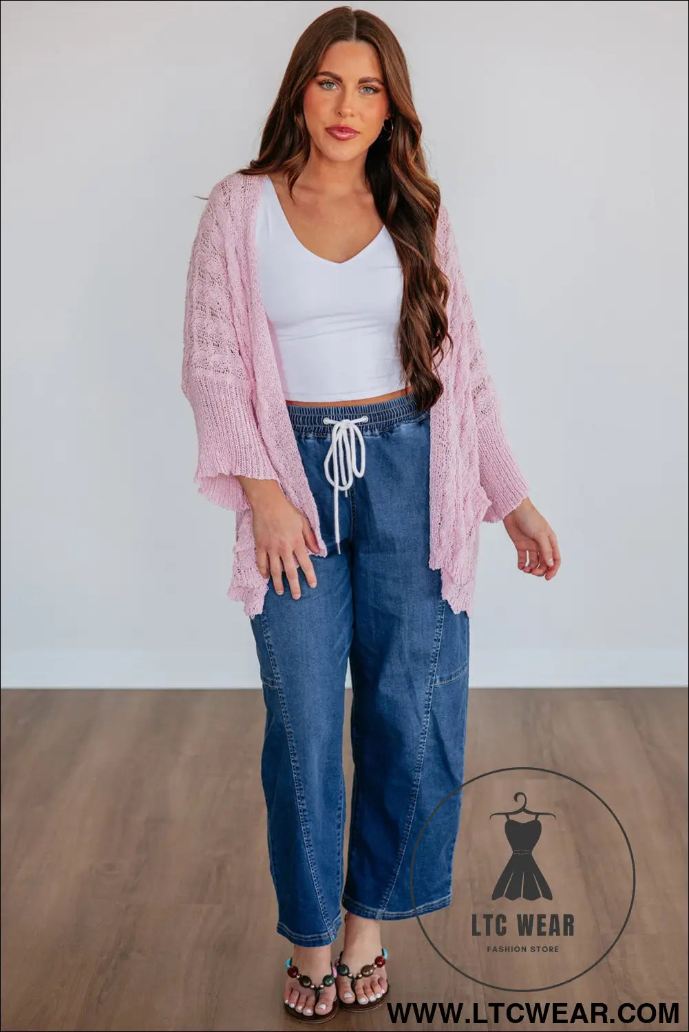 Old Rose Hollowed Pattern Knit Drop Shoulder Open Sweater Cardigan - L.T.C Wear Online Fashion Store