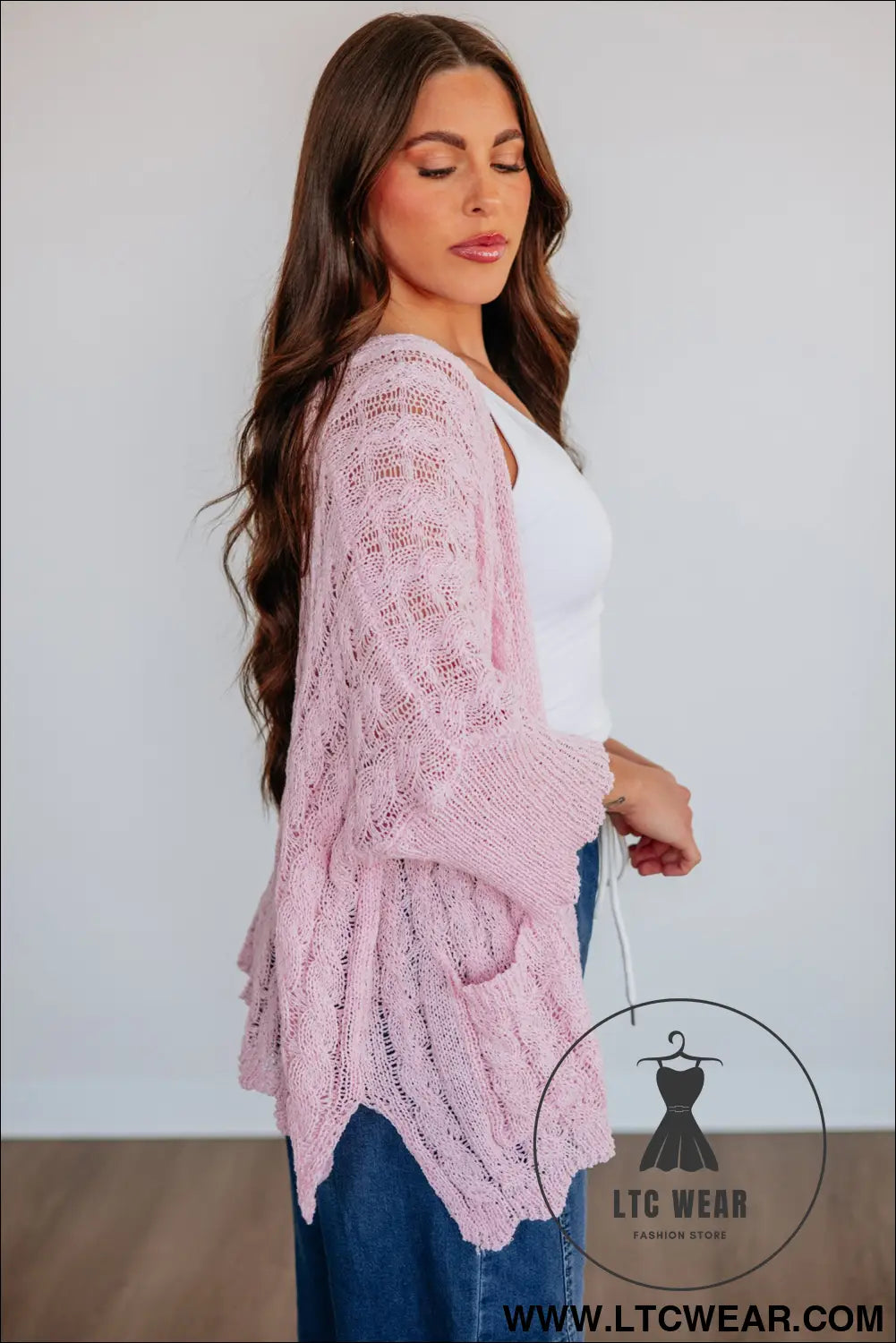 Old Rose Hollowed Pattern Knit Drop Shoulder Open Sweater Cardigan - L.T.C Wear Online Fashion Store