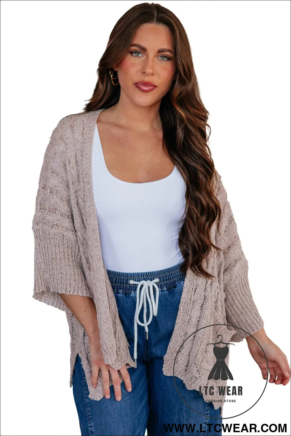 Old Rose Hollowed Pattern Knit Drop Shoulder Open Sweater Cardigan - L.T.C Wear Online Fashion Store