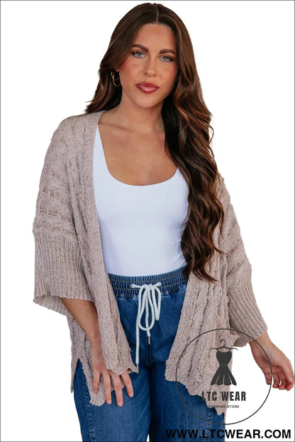 Old Rose Hollowed Pattern Knit Drop Shoulder Open Sweater Cardigan - L.T.C Wear Online Fashion Store