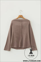 Old rose solid color waffle knit asymmetric neck long sleeve top - 30%