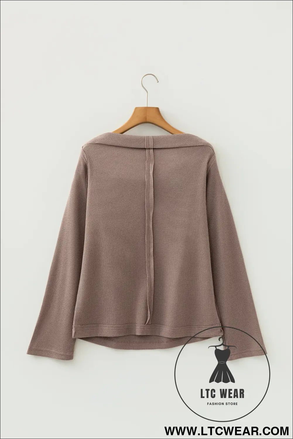 Old rose solid color waffle knit asymmetric neck long sleeve top - 30%