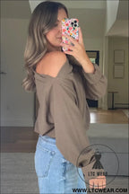 Old rose solid color waffle knit asymmetric neck long sleeve top - 30%