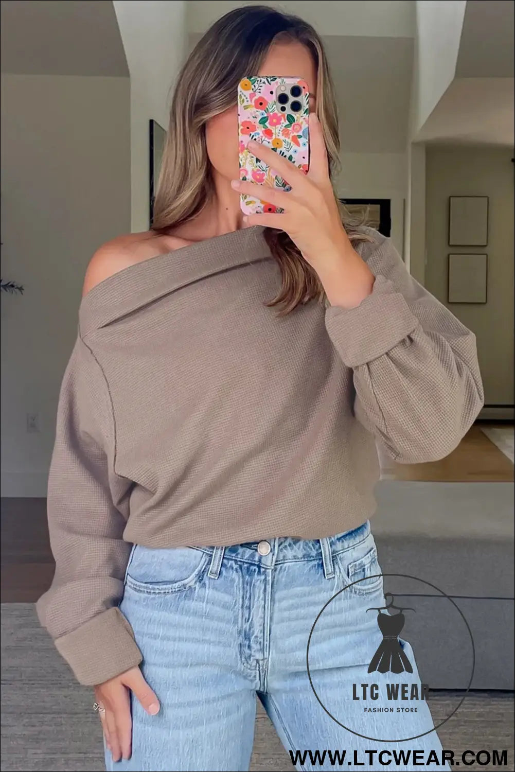 Old rose solid color waffle knit asymmetric neck long sleeve top - 30%