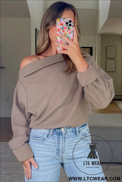 Old rose solid color waffle knit asymmetric neck long sleeve top - 30%