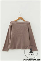 Old rose solid color waffle knit asymmetric neck long sleeve top - 30%
