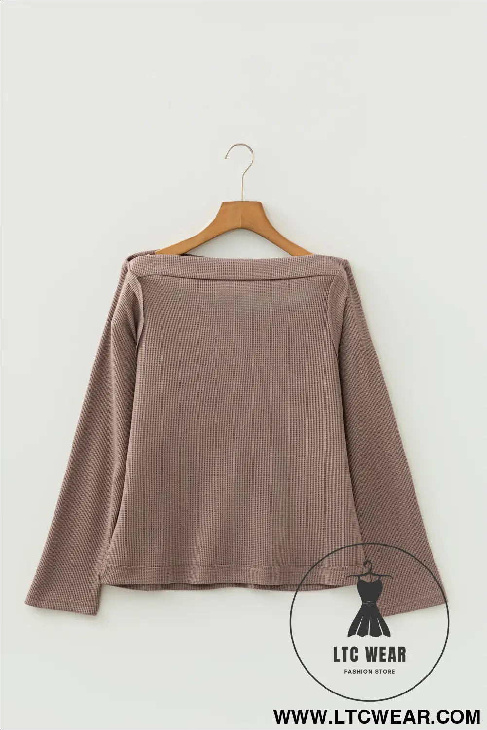 Old rose solid color waffle knit asymmetric neck long sleeve top - 30%